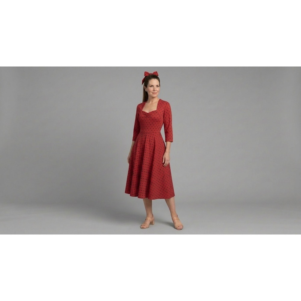 DressV Red Polka Dot Rockabilly Midi Dress XL 3/4 Sleeve Sweetheart Neckline